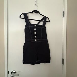 Blue Button-Front Romper with White Contrast Stitching